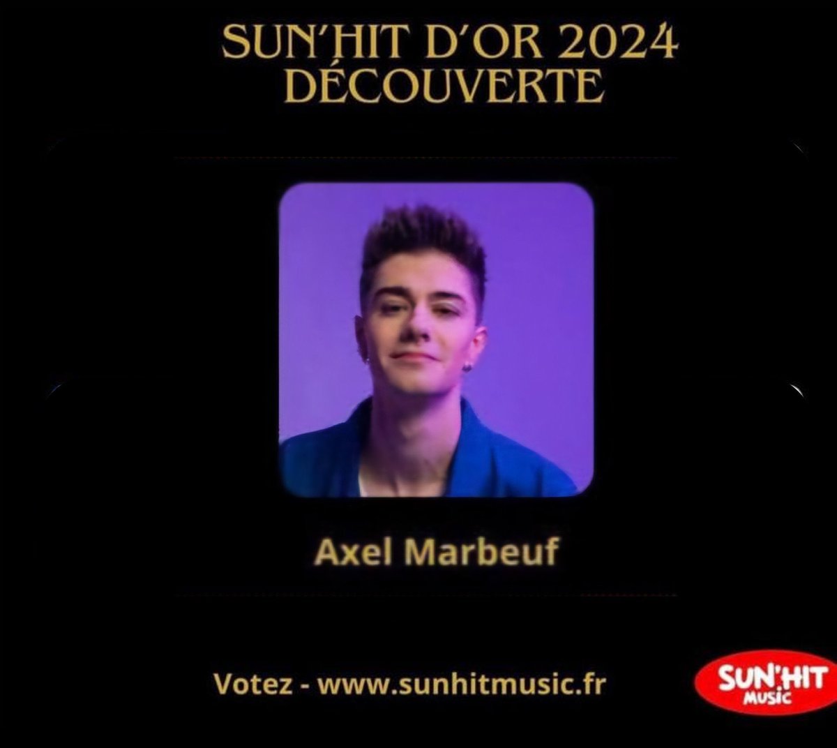 bobodavdav's tweet photo. Hellooo 👋🏻 En attendant la ballade qui va nous tirer les larmes 🥹 on n’oublie pas de voter pour #AxelMarbeuf qui est nommé dans la catégorie « Artiste Découverte » pour le Sun’Hit d’or 2024👇🏻✨🌒

Lien 🔗 👉🏻 https://t.co/nuSKRyFUaB

#plpf #music #bangers #sunhit #DramAxel https://t.co/SNeHb8z75c
