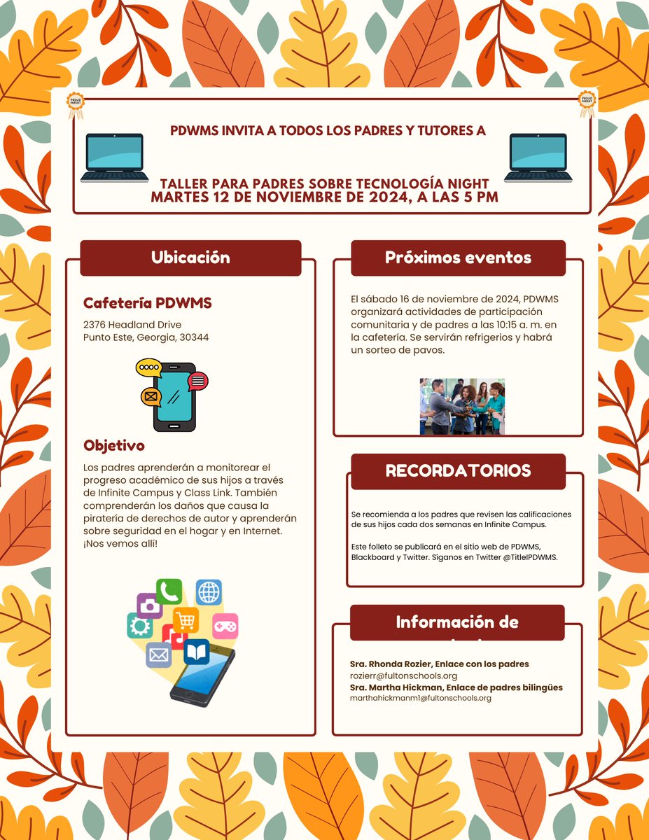 PDWMS Title I Technology Night Parent Workshop Announcement Flyers