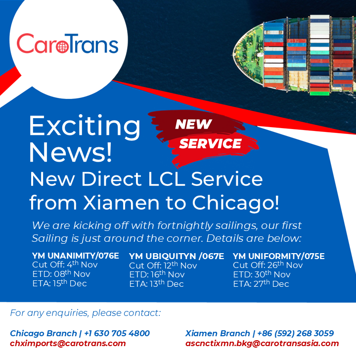 CaroTransIntl's tweet photo. 🚢Exciting News Alert! 🌟Introducing our brand-new Direct LCL Services from Xiamen and Qingdao to Chicago! Simplify your shipping process with our efficient service. 

Contact us today to experience efficiency at its best! 
https://t.co/gfDodFdo3D https://t.co/vKMBRRfdaq