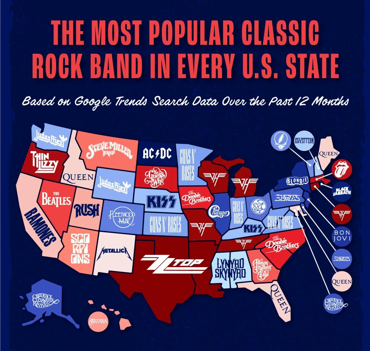 6. The most popular classic rock band in every U.S. State
