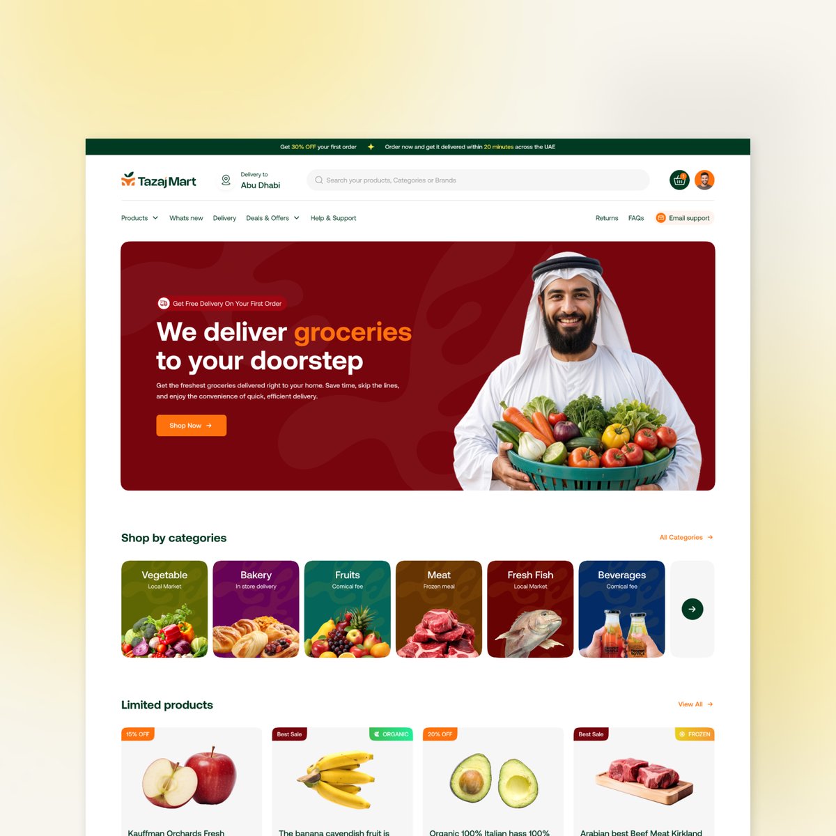 Focotik's tweet photo. Ecommerce Grocery Shopping Website Landing Page | Tazaj Mart
Step into the full experience here :https://t.co/cYNSfZ7bt7
Brought Us Together:
📩Focotik.agency@gmail.com
#GroceryDelivery #UIUXDesign #EcommerceWebsite #MobileApp #WebDesign #ProductDesign #FoodDelivery #ArabicUI https://t.co/GW0nA0CyVE