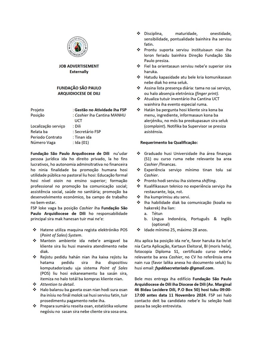 FFspdd's tweet image. Reanúncio ba vaga serviço ho posição Cashier no Cozinheira iha Cantina MANHU Universidade Catolica Timorense (UCT)