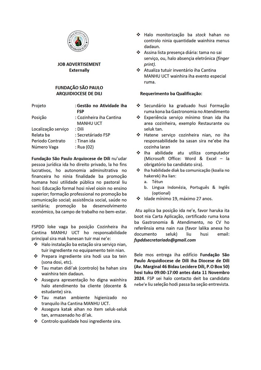 FFspdd's tweet image. Reanúncio ba vaga serviço ho posição Cashier no Cozinheira iha Cantina MANHU Universidade Catolica Timorense (UCT)