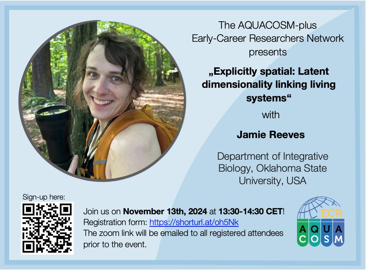 Join us for our next free online event! We will host Jamie Reeves to talk about "Explicitly spatial: Latent dimensionality linking living systems". Please sign up below to receive the meeting link!

📅 13th Nov, 13:30-14:30 CET
📷 Sign up: shorturl.at/oh5Nk