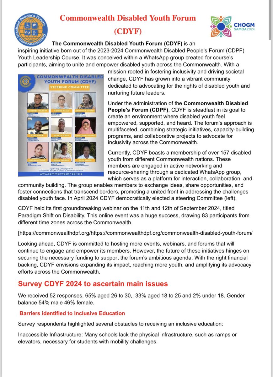 commonwealthDPF's tweet image. Statement from the Commonwealth Disabled Youth Forum on the Commonwealth Youth Council Declaration. #CDPF #CDYF Elected Youth Representative: @KihemboWilb