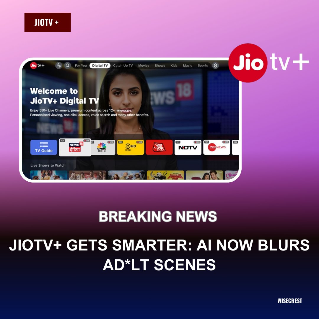 wise_crest's tweet photo. JioTV+ just got a whole lot smarter! 🧠 Their new AI feature automatically blurs ad*lt content, making it family-friendly. No more awkward pauses during movie nights. 🍿 #JioTVPlus #AI https://t.co/e0pf7pmzHa