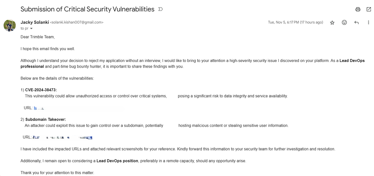 jackysolanki007's tweet photo. company like @TrimbleCorpNews has reject without taking interview, I've submitted critical bug on that platform.
#bugbountytips #BugHunter #DevOps #CyberSecurity #devsecops #CyberAwareness #rejection #BugBounty #devopswork #subdomain #TAKEOVER #cve #devsecops #trimblecorp @X https://t.co/NnUzszRHpt
