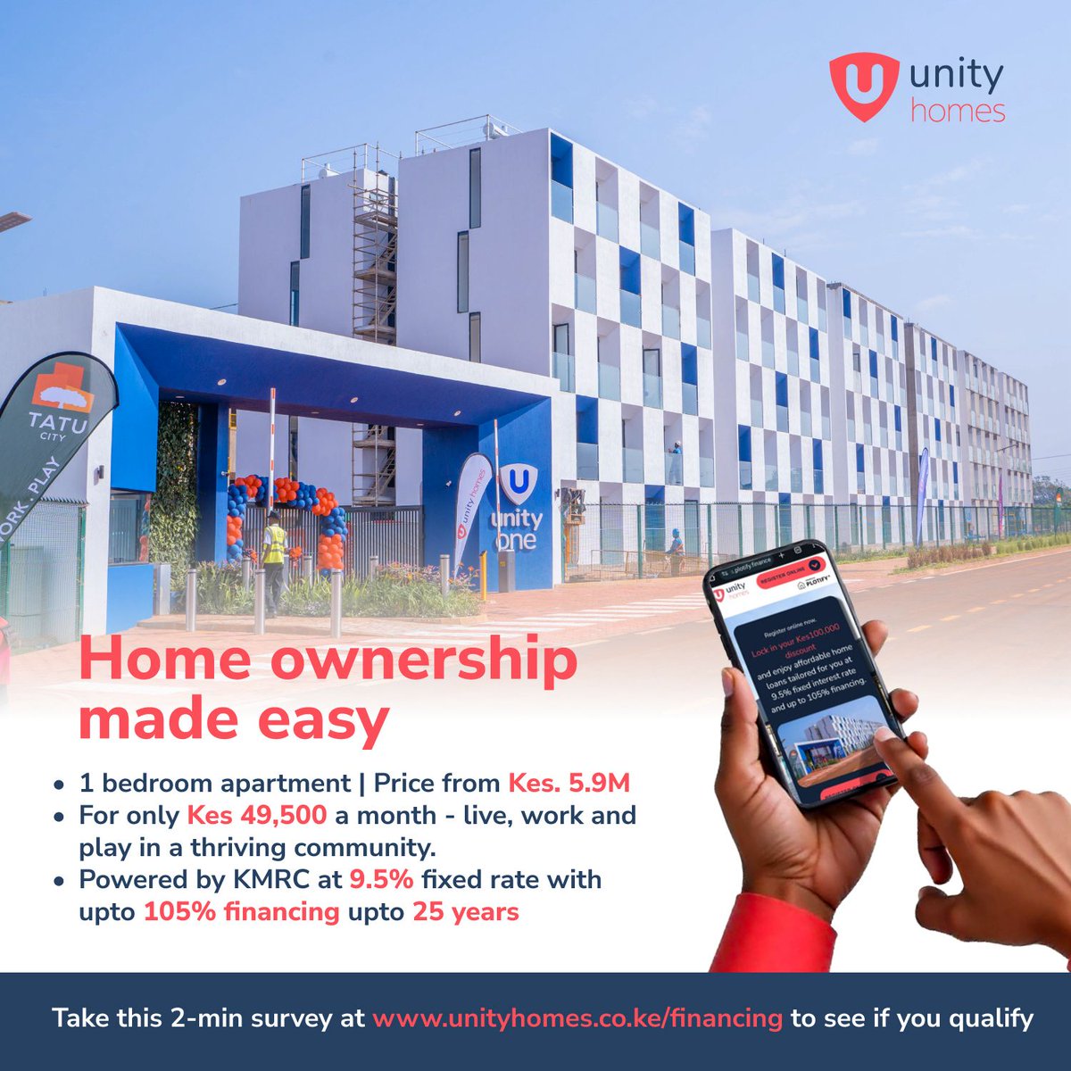 Take a brief survey at unityhomes.plotify.finance to find out if you qualify for affordable home loans, offering a fixed 9.5% rate and up to 105% financing, payable over 25 years.