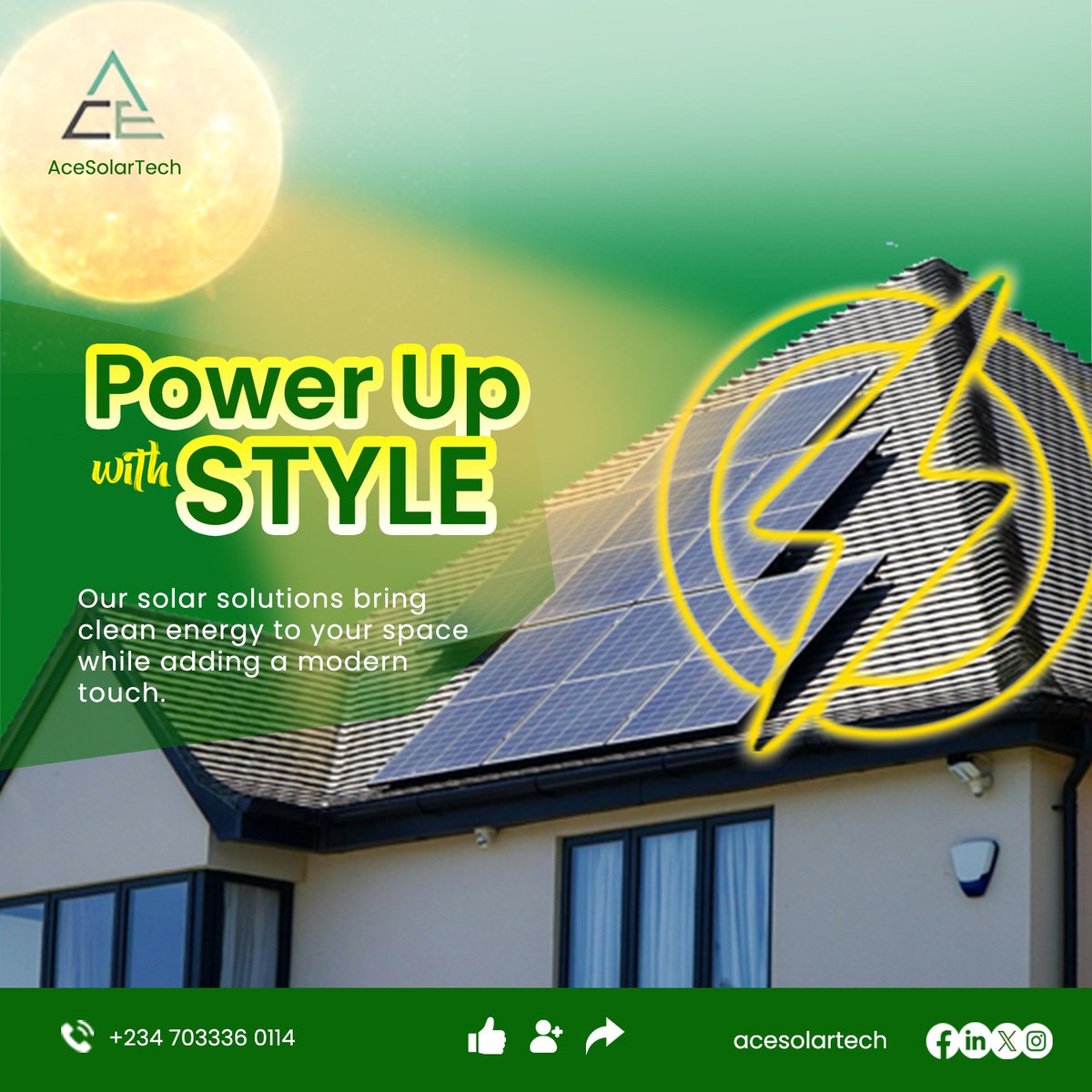 acesolartech's tweet image. Power up with style! ⚡ Our solar solutions bring clean energy to your space while adding a modern touch. Go green without compromising on aesthetics! 🌞✨ #AceSolarTech #SustainableDesign"