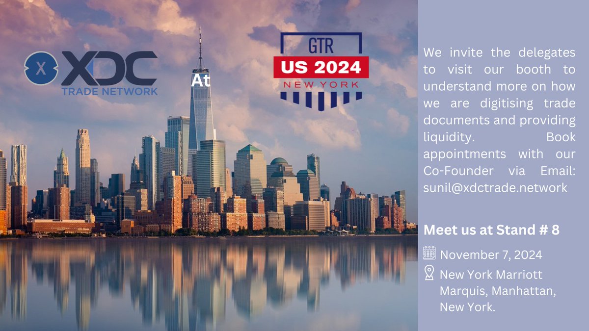 Exciting times at GTR New York XDC Trade Network, proud co-sponsors, invite you to our booth #8. Discover how we're reshaping cross-border trade finance through MLETR-aligned digitalization.
Date: November 7
Location: New York Marriott Marquis, Manhattan
#XDC #GTRNewYork #Trade