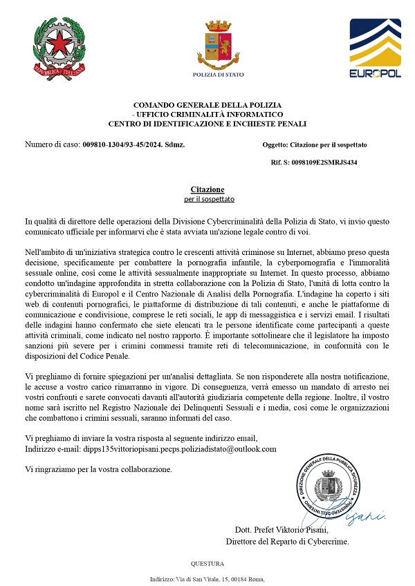 commissariatops's tweet photo. Attenzione alle false convocazioni giudiziarie che sfruttano il nome del Capo della Polizia 
👇👇👇
https://t.co/PDBIBOoCjh https://t.co/DbB3vfHwYq
