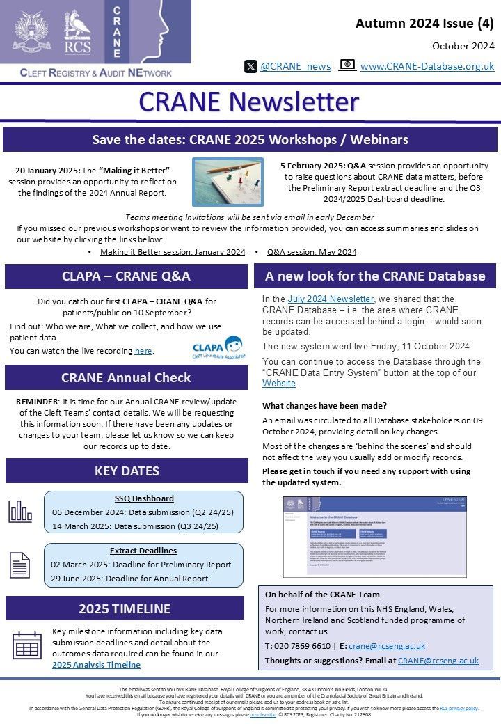 CRANE (@crane_news) on Twitter photo π§ Have you read our autumn newsletter?
Including updates on
π 2025 Workshops and Webinars
π A new look for the CRANE Database
π CRANE Annual Check
π Key Dates incl. 2025 Timeline
Download it here buff.ly/3C1T9BU
CRANE is a <a href="/CLAPACOMMUNITY/">Cleft Lip and Palate Association</a> <a href="/CFSGBI/">CFSGBIconference</a> collaboration π§ Have you read our autumn newsletter?
Including updates on
π 2025 Workshops and Webinars
π A new look for the CRANE Database
π CRANE Annual Check
π Key Dates incl. 2025 Timeline
Download it here buff.ly/3C1T9BU
CRANE is a <a href="/CLAPACOMMUNITY/">Cleft Lip and Palate Association</a> <a href="/CFSGBI/">CFSGBIconference</a> collaboration