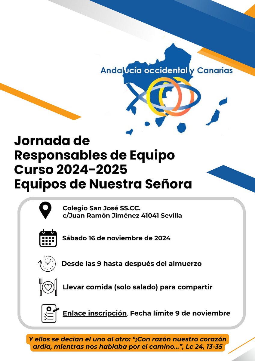 El próximo 16 de noviembre de 2024 se celebrará en Sevilla el encuentro de Responsables de Equipos de nuestra Región.

Es importante que hagáis vuestra inscripción a través del siguiente enlace antes del día 9 de noviembre. 

#ensespana #ensandoc

i.mtr.cool/duhittqbzc