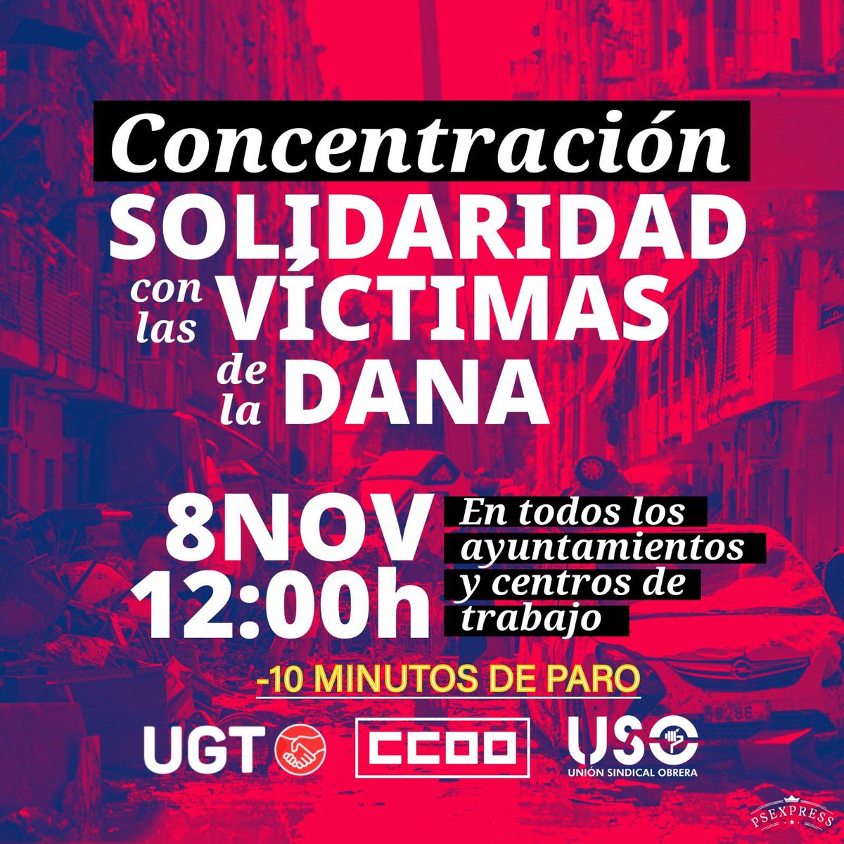 🔴 Solidaridad con las víctimas y protección para las personas damnificadas por la #DANA 

🗓️ Viernes 8 de noviembre 
⏰ A las 12h

📍 Concentración de 10 minutos en todos los ayuntamientos y centros de trabajo de toda España