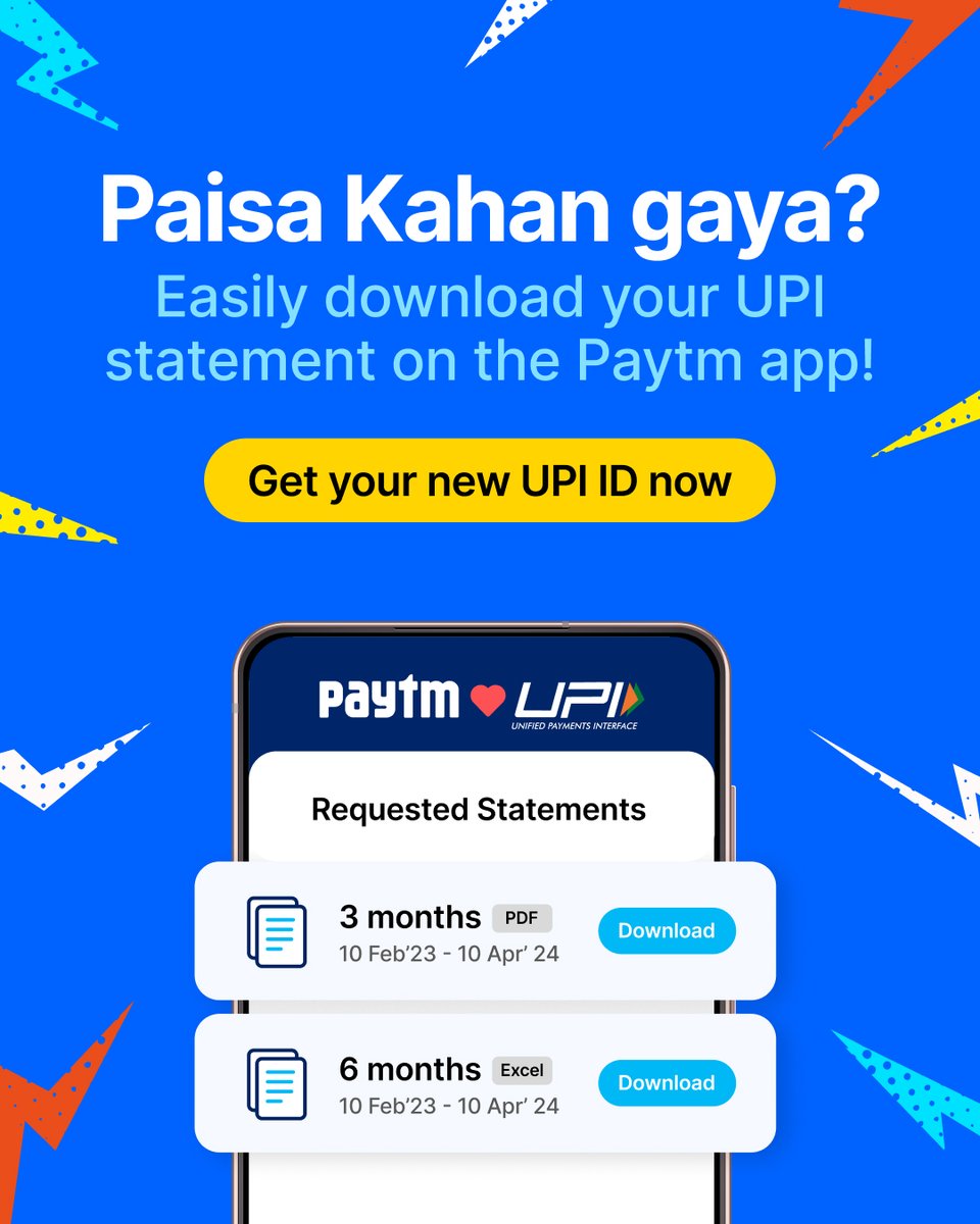 Paytm's tweet photo. Introducing the UPI Statement Download on Paytm! Now, track expenses and streamline tax filing with ease. Download statements by date range or financial year in a clear PDF format – designed for better expense management and simplified tax preparation. 

Read more: https://t.co/XEqQUB85eH

#PaytmKaro #UPI