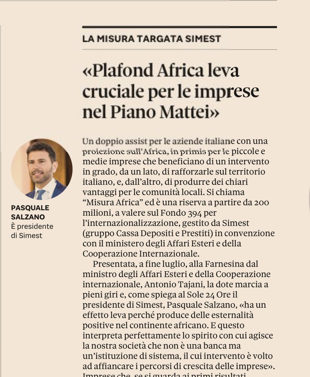 Misura Africa: con 200 milioni di euro #SIMEST e #Farnesina sostengono le PMI 🇮🇹 in #Africa, rafforzando le filiere produttive italiane e creando valore condiviso. Un’opportunità di crescita reciproca che si colloca nell’ambito del #PianoMattei. Oggi <a href="/celenostalgia/">Celestina Dominelli</a> su <a href="/sole24ore/">IlSole24ORE</a>