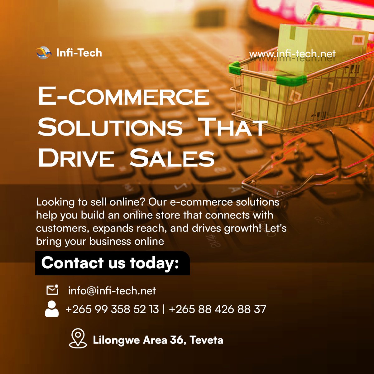 infitechmw's tweet photo. 📢 E-commerce Solutions That Drive Sales!

📩 Contact us today!📧 Email: info@infi-tech.net
📞 Phone: +265 99 358 52 13 | +265 88 426 88 37
📍 Location: Lilongwe Area 36, Teveta

#InfiTech #EcommerceSolutions #DigitalTransformation #GrowYourBusiness #OnlineStore #MalawiBusiness https://t.co/GQzWbp8rnO