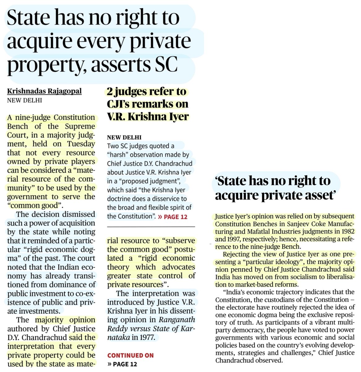 imRavikantYadav's tweet image. *State has no right to acquire every private property, asserts SC

*2 Judges disagree with CJI&apos;s remark on &apos;Iyer doctrine&apos;

:Details by Sh Krishnadas Rajagopal @kdrajagopal 

#SupremeCourtofIndia
#privateproperty #CommonGood
#IyerDoctrine #CJI
#Law 

#UPSC

Source:TH