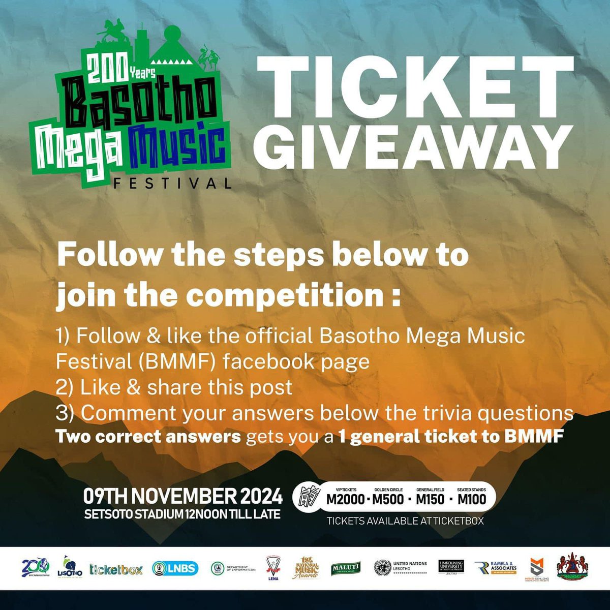 ditsoanelomasiu's tweet photo. ITS GIVEAWAY TIME!!!!💃🏻💃🏻💃🏻win a ticket for the Basotho Mega Music Fes Festival at Setsoto Stadium.🥳🥳🥳🥳🥳
I’m giving away a ticket to the first person who answers this correctly.💪🏻🤞💃🏻
WHICH GENRE OF MUSIC IS MOST POPULAR IN LESOTHO?????🌚🌚🌚🌚
#bmmf24 #megafest https://t.co/lulfHtB6FP