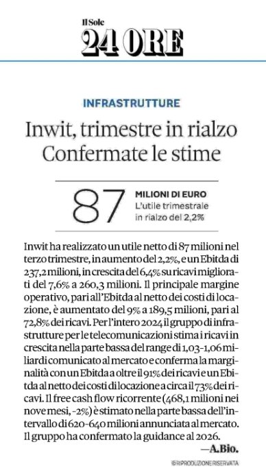 📰 "#INWIT, trimestre in rialzo. Confermate le stime".

Il pezzo di <a href="/An_Bion/">Andrea Biondi</a> su <a href="/sole24ore/">IlSole24ORE</a> sui risultati del Q3 2024

#INWITsiamoNoi