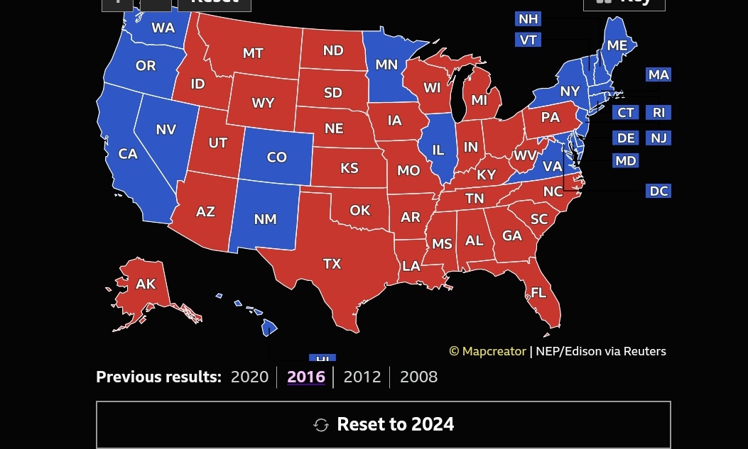 10 states still to declare but reckon this could end up with exactly the same electoral map and result as 2016. For Clinton read Harris. 
Some day Americans will elect a woman as President. But, ironically, a Republican woman.