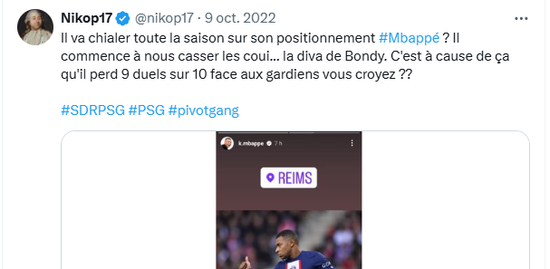 nikop17's tweet photo. Qui peut encore douter de l'existence de Dieu alors que l'ensemble de la communauté football de ce monde vient d'avoir la même illumination sur les carences en course sans ballon de Celui Dont On Ne Doit Pas Prononcer Le Nom ? Le plus fascinant dans cette histoire, c'est que cela fait plus de deux ans qu'on le répète et qu'on se fait traiter de tous les noms par tous ses fans boys et par les mecs qui n'aiment pas Paris. C'était tellement plus simple de fermer les yeux, de nous balancer ses stats à la gueule et surtout de chier sur le PSG ou sur Luis Enrique.

Aujourd'hui, les mêmes soucis se répètent au sein du grand Real. Du coup, on ne pointe plus l'institution mais on nous explique que le comportement de #Mbappé sur le terrain n'est pas bon. Mieux vaut tard que jamais hein. Prochaine étape : le nombre de duels perdus face aux gardiens adverses ? Mais là encore, rien de nouveau, on a aussi déjà parlé de cette faiblesse dans son jeu. Mais bon, il a mis trois penaltys en finale du Mondial donc on est juste des rageux qui avons le seum de son départ. Bref, on va continuer d'en parler car après 3 ans à bouffer de la merdre, je pense qu'on a mérité d'en profiter à notre tour. Et bonne chances aux Madrilènes de la Creuse car ça ne fait que commencer