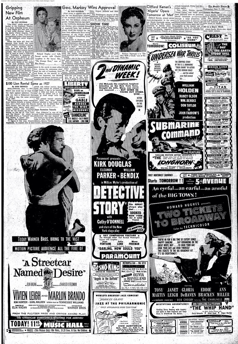 dandoody's tweet photo. #ThenShowing 7 Nov 1951, Seattle Times
He's a cat! And he owns a baseball team! It's called RHUBARB (Egyptian) and you need to see it. Also A STREETCAR NAME DESIRE (Music Hall), the maybe some escapism with THE DAY THE EARTH STOOD STILL (Crest). https://t.co/XudJ16syM2
