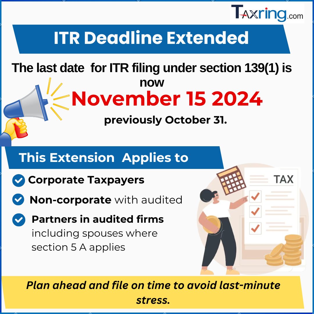 TaxringCom's tweet photo. 📢 Attention all!
 The CBDT has extended the income tax filing deadline for AY 2024-25 to November 15, 2024. Don’t forget to consult a tax professional to file accurately! DM us for assistance!💼✨
https://t.co/nIDgLQPy2D
#CBDT #itrfilingdateextendedforay2425 #taxring #ITR https://t.co/I8cmGf4me7