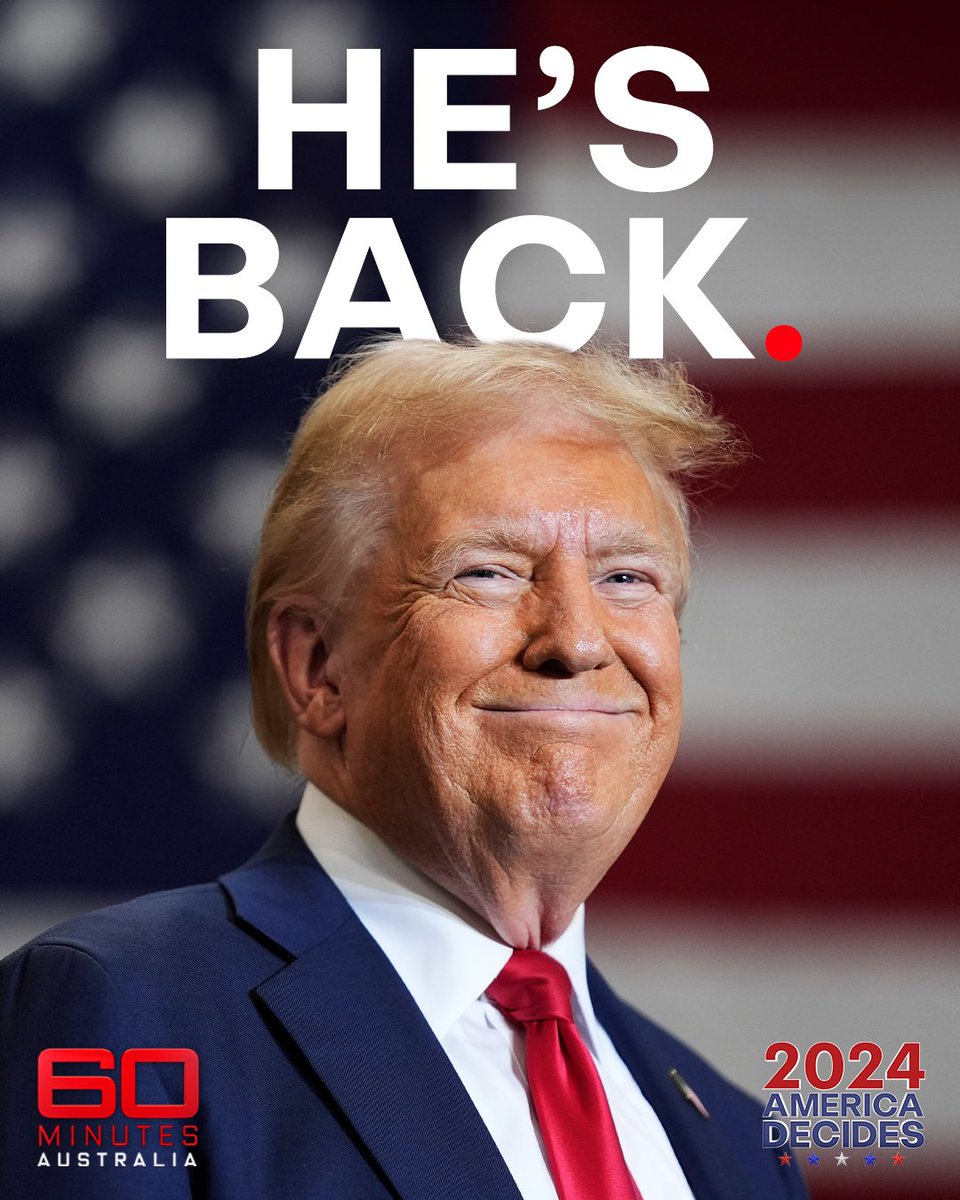60Mins's tweet image. #BREAKING: Donald Trump will become the 47th President of the United States, with Nine projecting he has won the 2024 U.S. election. #60Mins 

LATEST RESULTS: nine.social/Rq9

#AmericaDecides | LIVE on Channel 9 and 9Now