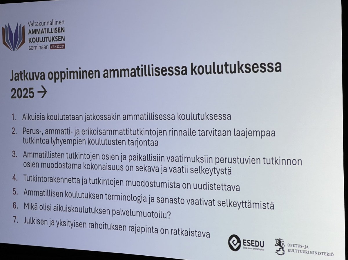 Ammatillinen koulutus palvelee myös jatkossa aikuisopiskelijoita ja työpaikkoja. Jatkuva oppiminen osana ammatillista koulutusta keskustelussa #VAKS2024 seminaarissa Mikkelissä. Keskustelu jatkuu - ⁦<a href="/Elinkeinoelama/">EK</a>⁩ &amp; eri toimialat mukana keskustelussa.
