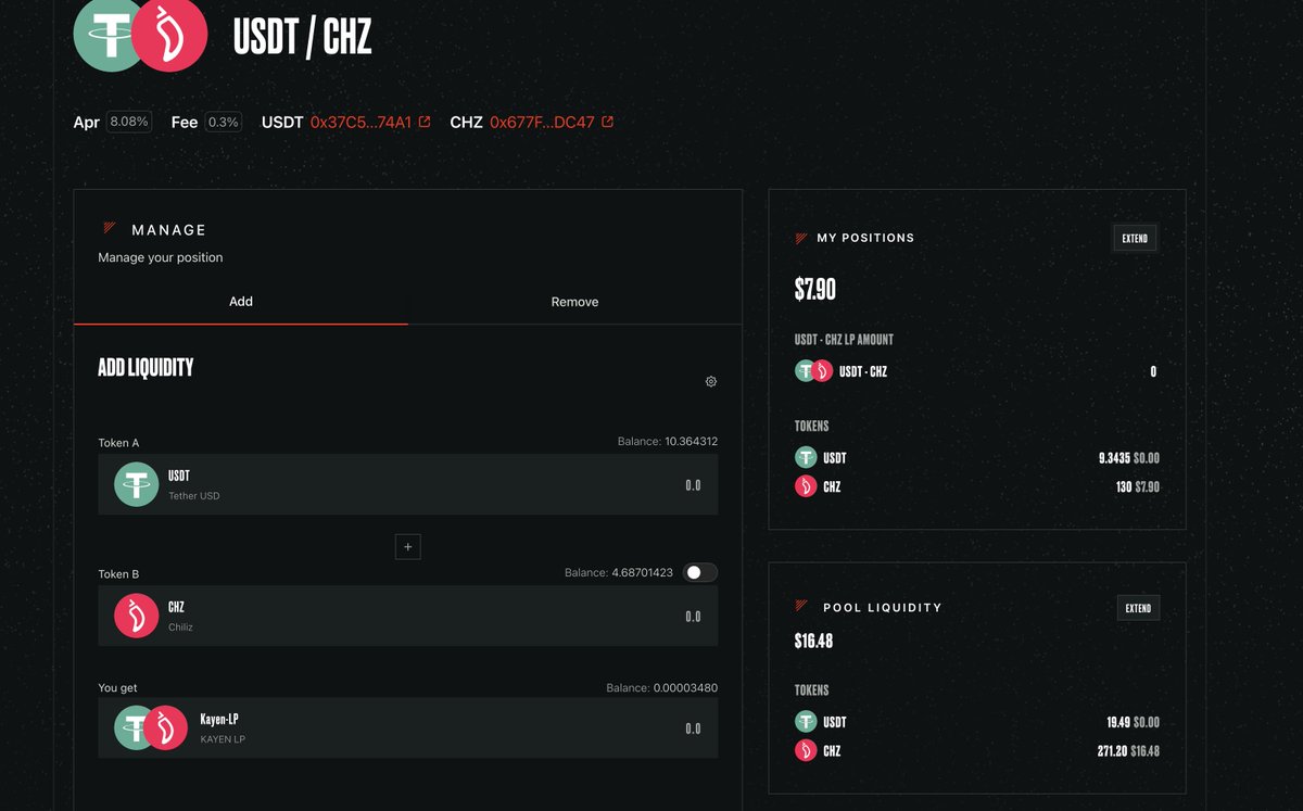 $USDT in Chiliz Chain ? 
Now it is possible via <a href="/chain_port/">ChainPort</a> 
I just bridget some USDT from Polygom
and I added some liquidity $CHZ vs $USDT in @KAYEN_Protocol 
I guess this is a great step. 
What do you think?