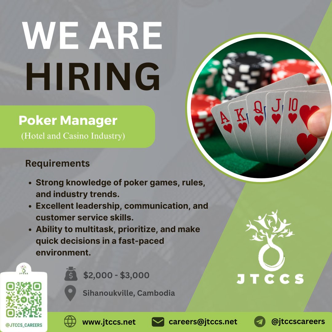 JtccsNet's tweet photo. ��� We're Hiring! 

Position: Poker Manager
Location: Sihanoukville, Cambodia
Industry: Gaming / Casino
Salary: $2000 - $3000 plus Benefits

Apply now: https://t.co/0mJL8SO5WD

Email: careers@jtccs.net

Visit our site https://t.co/VB1D06jtco for more job opportunities

#Cambodia https://t.co/0KbSNriyFc