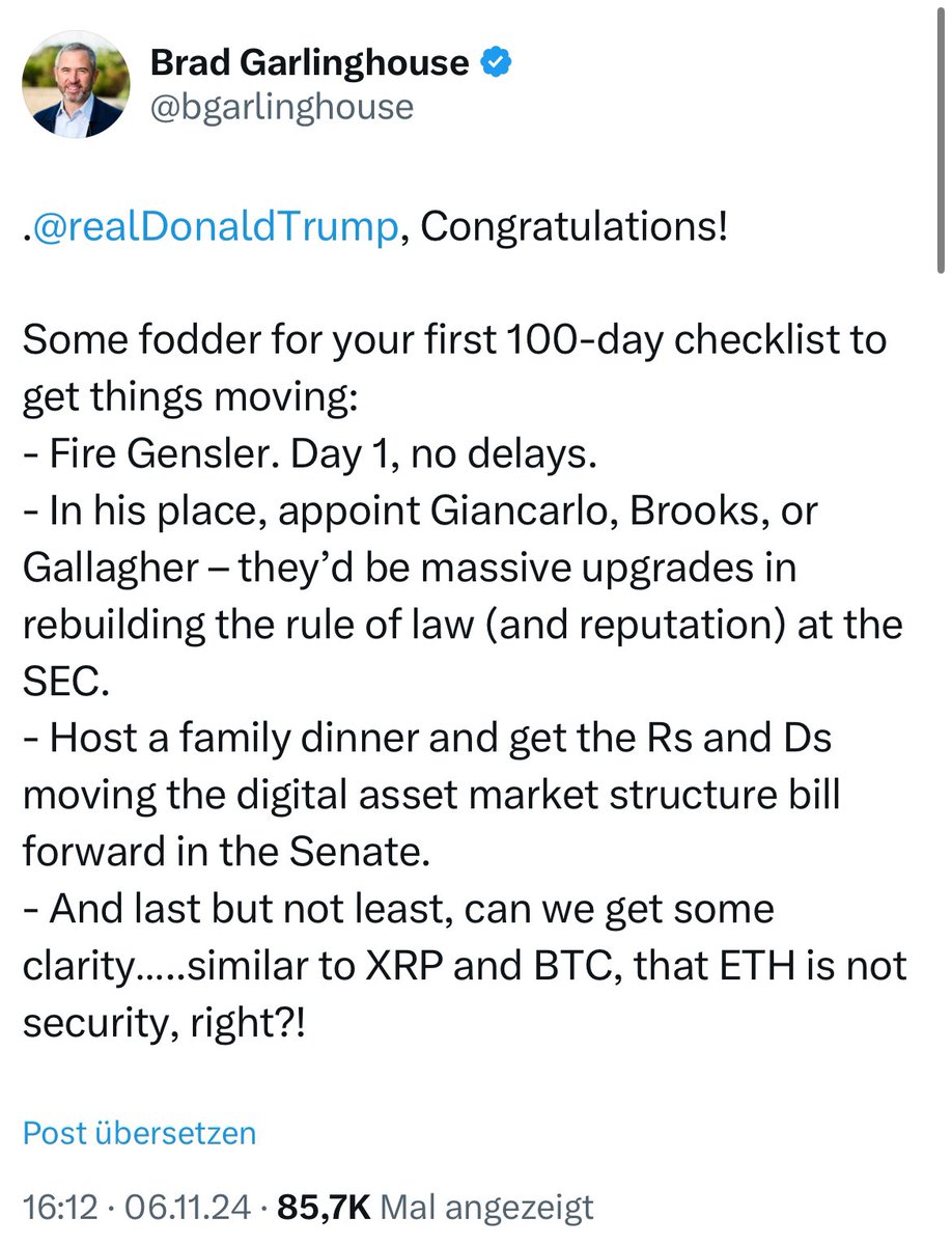 🚨 BREAKING: Ripple CEO @bgarlinghouse congratulates Donald Trump, asks him  to fire Gensler on day one & for some clarity on #XRP 🏆 TRUMP WILL MAKE  XRP GREAT AGAIN! 🇺🇸