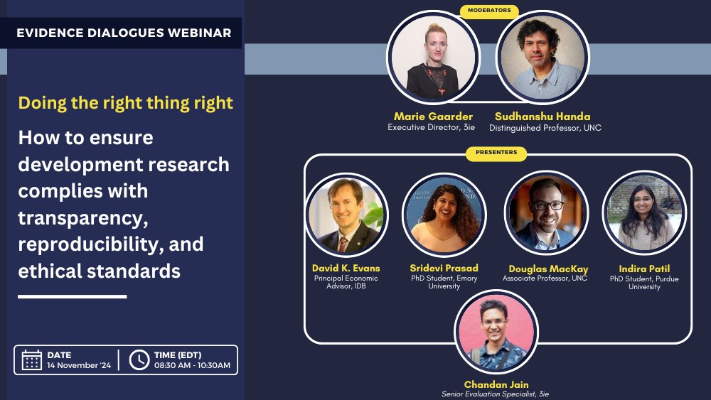 3ieNews's tweet photo. Over 1⃣8⃣0⃣0⃣0⃣ impact evaluations in the last  1⃣5⃣ years, but concerns about credibility, selective reporting, and ethical integrity still persist.  Join us for the upcoming #EvidenceDialogues webinar to discuss Journal of Development Effectiveness (JDEff)'s special issue on on #Transparent, #Reproducible and #Ethical #Evidence. 

Speakers include @DaveEvansPhD @douglaspmackay, Sridevi Prasad and Indira Patil. 
Moderators: @gaarder_marie and @ashudirect 

Register here: https://t.co/ArqT2Mhae0