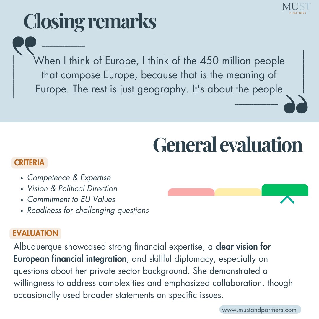 🇪🇺 Commissioner Hearings Highlights! 📢

It’s the third day of hearings and Commissioner-designate Maria Luis Albuquerque started her session with a blunt warning about Europe’s lagging economy. 

🔎 Dive into the key takeaways from her hearing and our evaluation!
