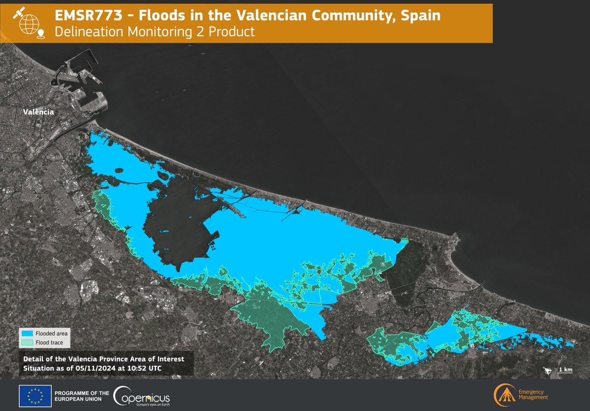 CopernicusEMS's tweet photo. #EMSR773

This morning, our #MappingTeam delivered a new Delineation Product for the #floods in #ComunitatValenciana 🇪🇸

As of 5 Nov.:
➡️A remaining flooded area of +12,400 has been detected in the analysed areas of the #Valencia Province AoI 🌊

🔗https://t.co/KLXfisItuN https://t.co/k7wj3HIIPi