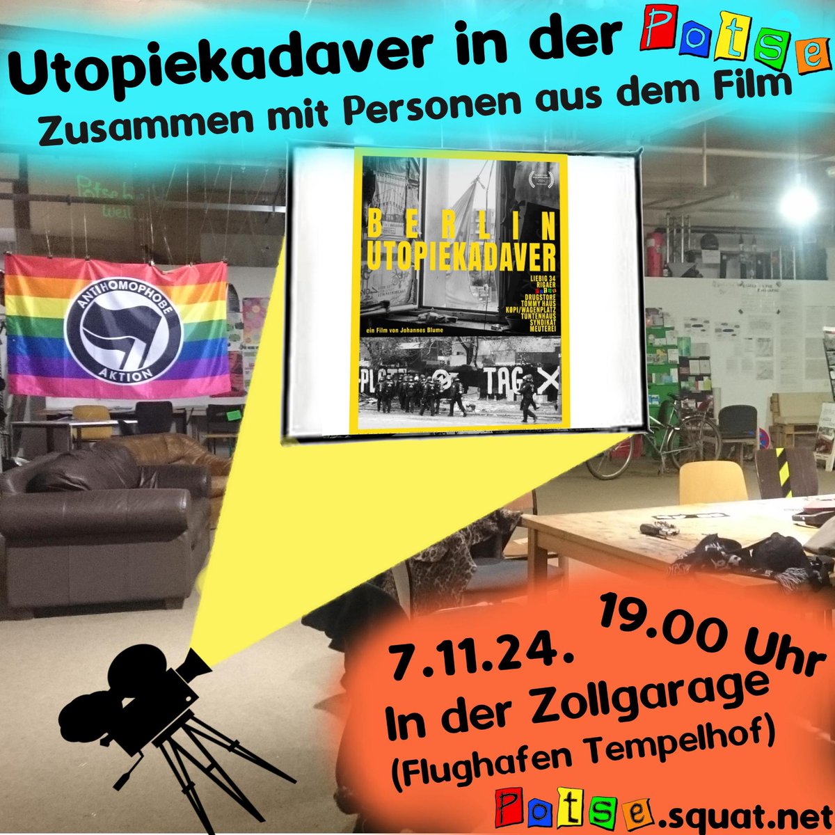 Morgen am Donnerstag zeigen wir den Film Berlin Utopiekadaver, in welchem unserem Kampf ein Denkmal gesetzt wurde. Kommt um 19Uhr in die #Potse.
Nach dem Film gibt es ein Q &amp; A mit Kollektivis von Drugstore und Potse.
Infos zum Weg und Barrieren auf potse.squat.net
#B0711