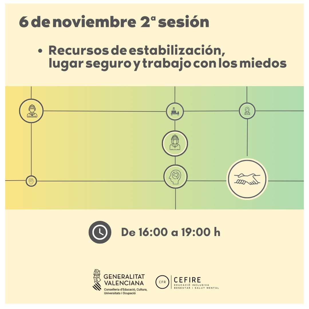 🔔 Invitamos a toda la comunidad educativa a participar en la segunda sesión: " Recursos de estabilización, lugar seguro y trabajo con los miedos" de la formación: “Intervención en situaciones de crisis y escuelas sensibles al trauma”

➕ℹ️ y 👁️ acceso👇🏻
🔗aules.edu.gva.es/autoformacio/c…
