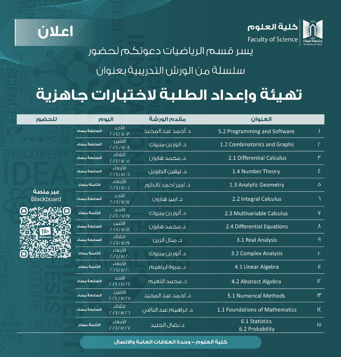 event_ut's tweet photo. #دعوة:
يسر كلية العلوم ممثلةً بقسم الرياضيات دعوتكم لحضور سلسة من #الورش_التدريبية بعنوان (تهيئة وإعداد الطلبة لإختبارات جاهزية)،والتي بدأت يوم الأحد الموافق ٣-١١-٢٠٢٤م،على منصة البلاك بورد.

@event_ut https://t.co/0l7OFZSUbi