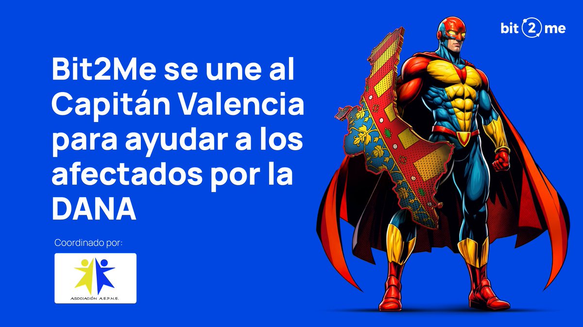 ¡Apoya a Valencia! 🚀

Desde Bit2Me seguimos comprometidos con Valencia.
Queremos dar voz al Capitán Valencia. ¡Una colección de 10.000 NFTs para ayudar a los afectados!

#AEPNE gestionará los fondos.

¡Únete y ayuda! 🦸‍♂️
blog.bit2me.com/es/bit2me-habi…
