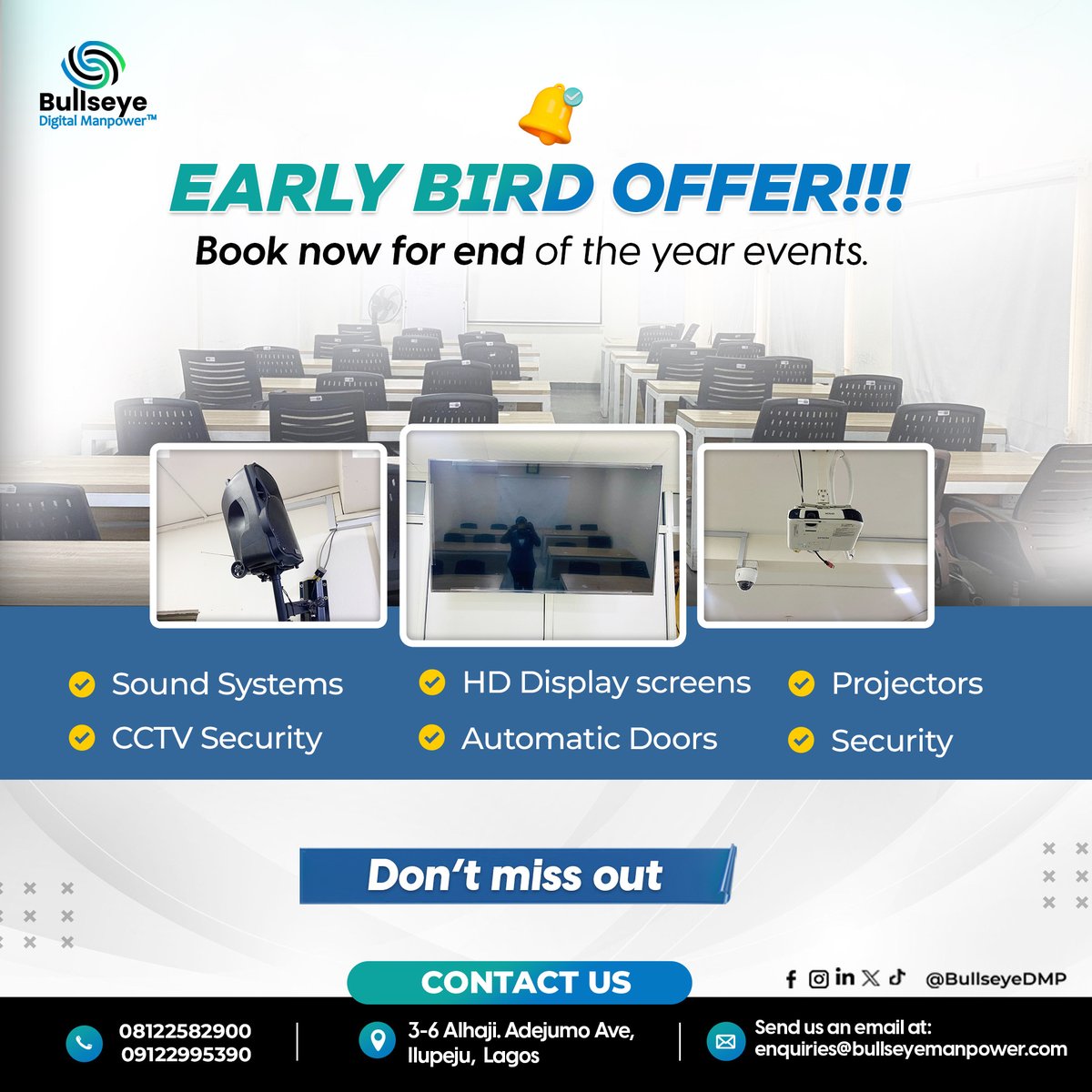 bullseyedmp's tweet photo. Our booking team is available 24/7 to help you find the right space.✅
Let’s get your event sorted!👌
Call: 09122995390, 08122582900
Email: enquiries@Bullseyemanpower.com
#bullseyedmp #rentaspace #earlybirdoffer #corporateevents https://t.co/r0OjgjYPjy