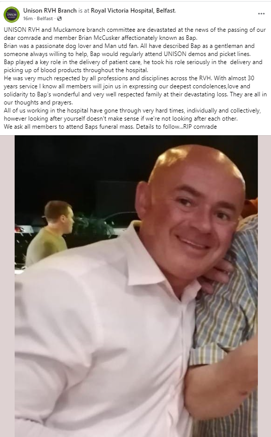 💔Lovely Tribute from <a href="/unisontheunion/">UNISON - UK's largest union</a>, RVH Branch on the sudden passing of colleague and member Brian McCusker known to us all as Bap.

🙏 Thoughts and Prayers with his Family and Friends.