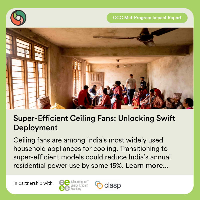 CleanCoolCollab's tweet photo. Since 2023, CCC partners @AEEE_India &amp; @CLASPappliances have been working to shift #India’s #CeilingFan market toward super-efficient models, with the aim of deploying 10 million super-efficient fans by the end of 2024.

Learn more ➡️ https://t.co/w1jNkoXE71

#ActOnCooling