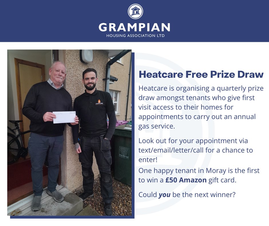 GrampianHA's tweet photo. 🎉 WELL DONE WEDNESDAY

@heatcareoil_gas is organising a quarterly prize draw amongst tenants who give first visit access to their homes for appointments to carry out an annual gas service.

It's a #WellDoneWednesday to one tenant in Moray who was the first winner!

#GrampianHA https://t.co/8gN1JBdGo6