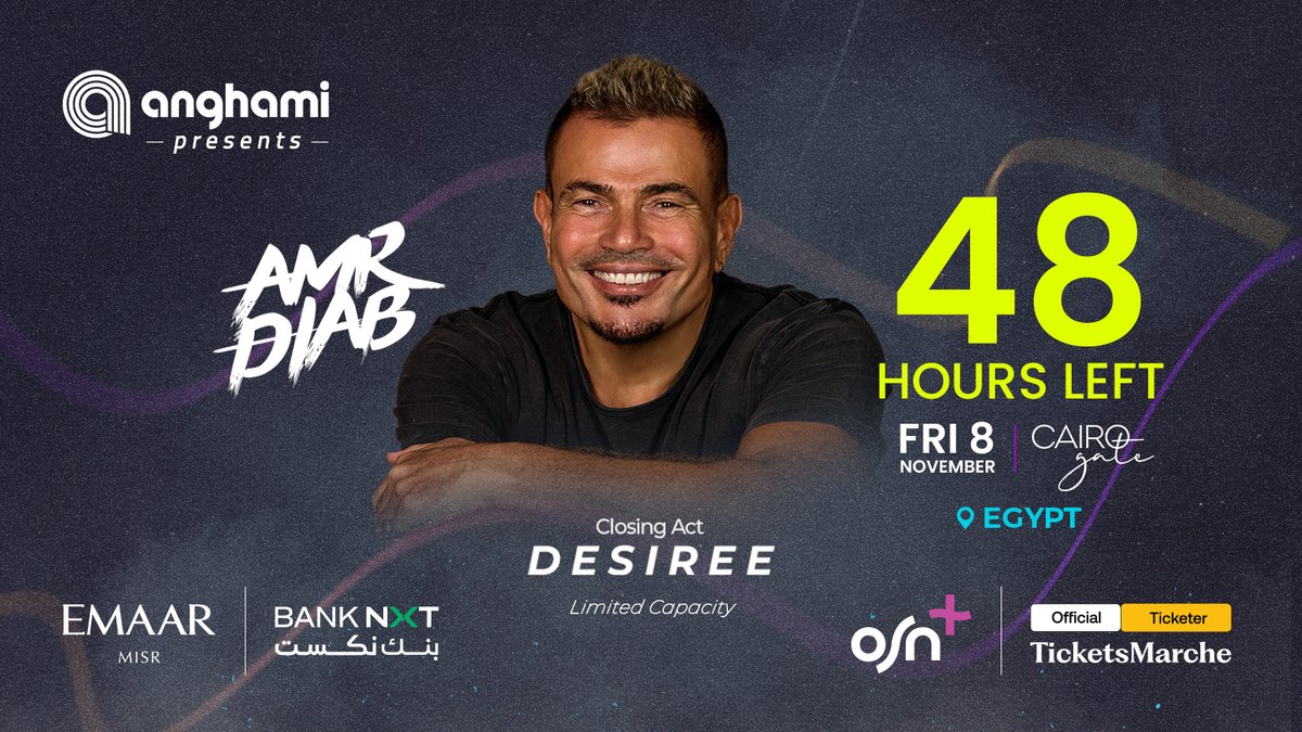 anghami's tweet photo. The wait is almost over!  
Only 48 hours left until #AmrDiab &amp; #Desiree take the stage at #CairoGate, Egypt, November 8th.  
Hurry up and book your tickets through the link 👇 

🔗https://t.co/GqJdmSjsQB🔗

@amrdiab @OSNplus @Emaarmisr @Ticketsmarche #CairoGateVIP #Anghami https://t.co/1jJefXJYzu