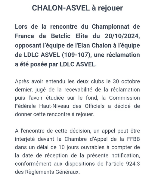 Be_BasketFr's tweet photo. 😳 L'ASVEL a obtenu gain de cause ! 

‼️ Le match Chalon - Villeurbanne devra être rejoué ! 

🫎 L'Élan perd ainsi sa seule victoire de la saison en #BetclicÉLITE...

➡️ https://t.co/g7z8TK7o8c https://t.co/wwSc9LN4d6