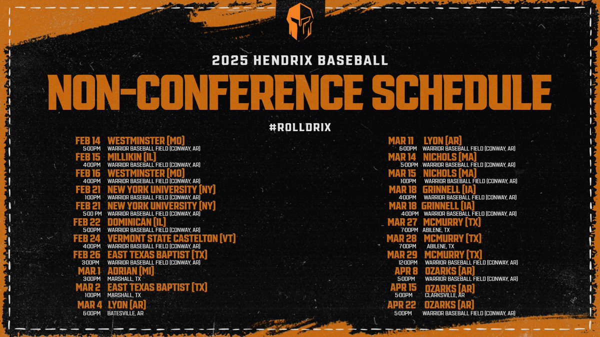 HendrixBaseball's tweet photo. 100 days until First Pitch! For the next 100 days, we will be highlighting our program, culture, student-athletes, player development, person development, facilities, alumni and more. Here is our 2025 schedule with 25 chances to support us at home! #RollDrix #CultureWins https://t.co/O2yNPLwUkL