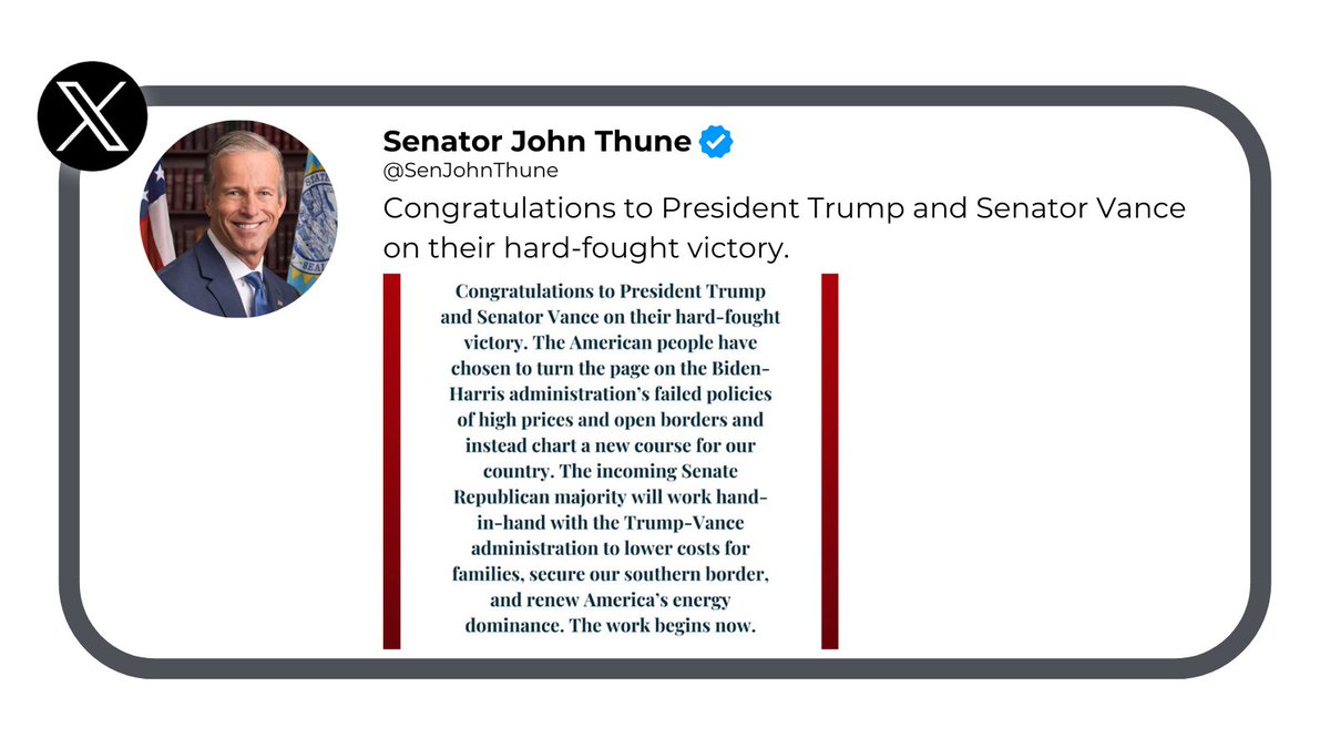 NewsX's tweet photo. #RoadTo270| Senator John Thune (@SenJohnThune) congratulates @realDonaldTrump on his victory, looking forward to continued progress and strong leadership.
#USElections2024 #USElections #DonaldTrump
#NewsX
Watch all the US Election updates on #NewsX
Watch Here: https://t.co/3nksRys0HU