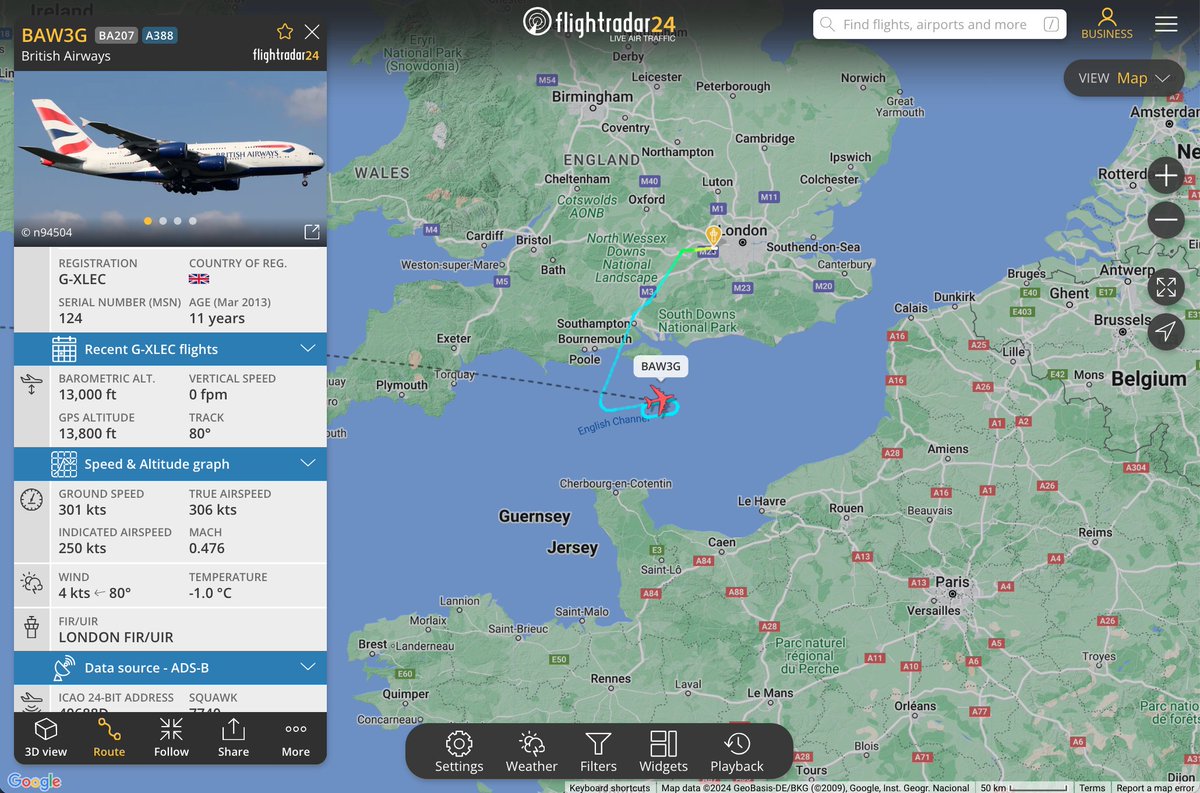 flightradar24's tweet photo. #BA207 is holding south of the UK following departing LHR for MIA. The aircraft my be dumping fuel for a return to LHR. https://t.co/rWpxAvgrEY https://t.co/LudU3kG5ba
