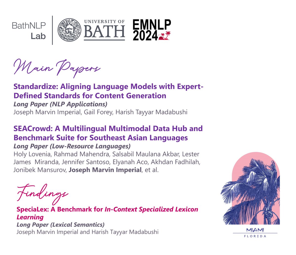 Our lab will be presenting 3 long papers at #EMNLP2024 in Miami, Florida! 🥳🌴

Topics cover controllable NLG w/ standards, benchmarking LLMs w/ special lexicons, and building a datahub for low-resource langs in SEA. Check below for links to papers and projects 👇🧵